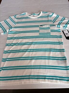 Volcom Men’s White and Teal Striped Pocket Tee
